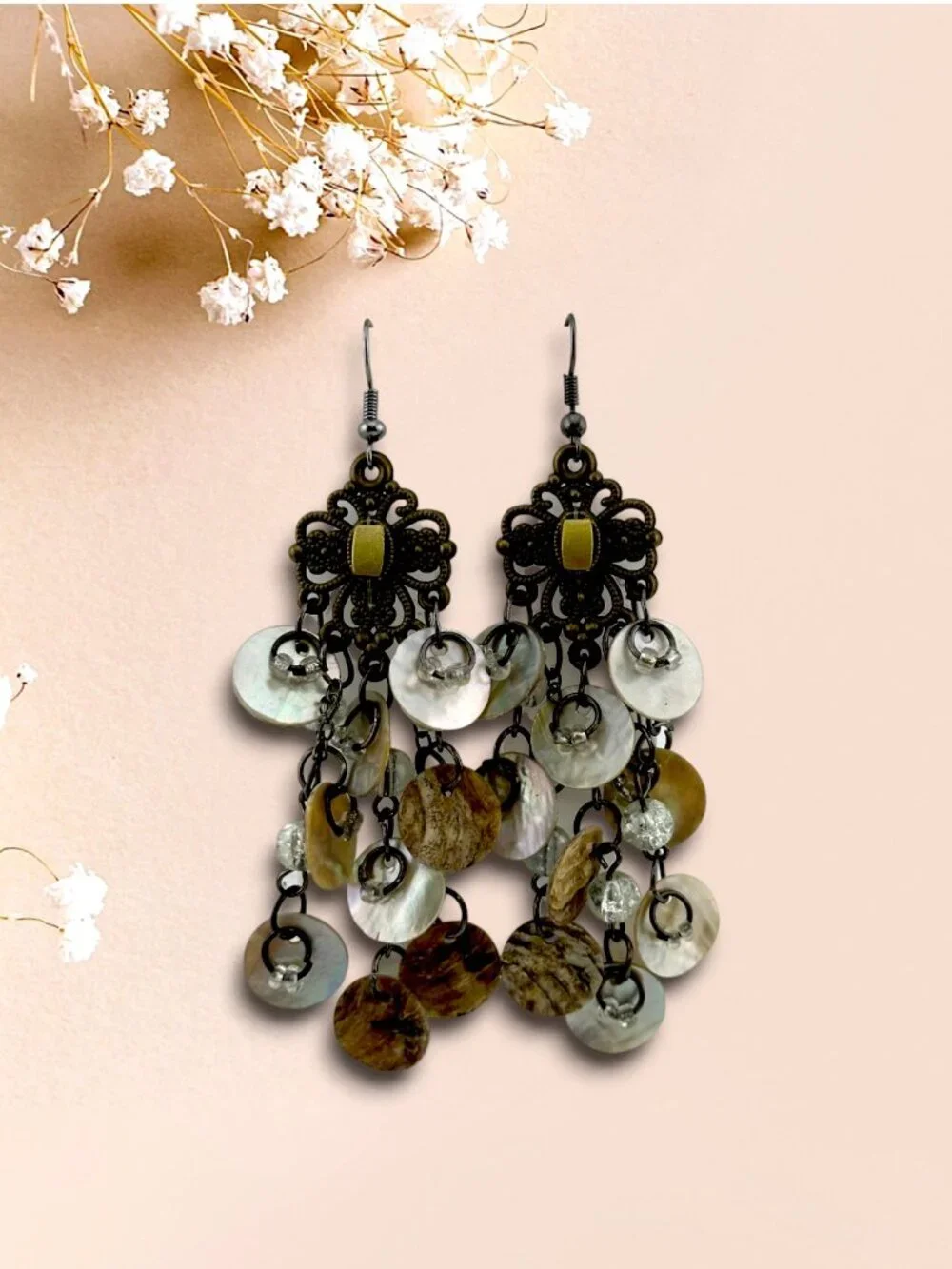Vintage Mother of Pearl Chandelier Earrings Boho Shell Cascade Dangle 3.5